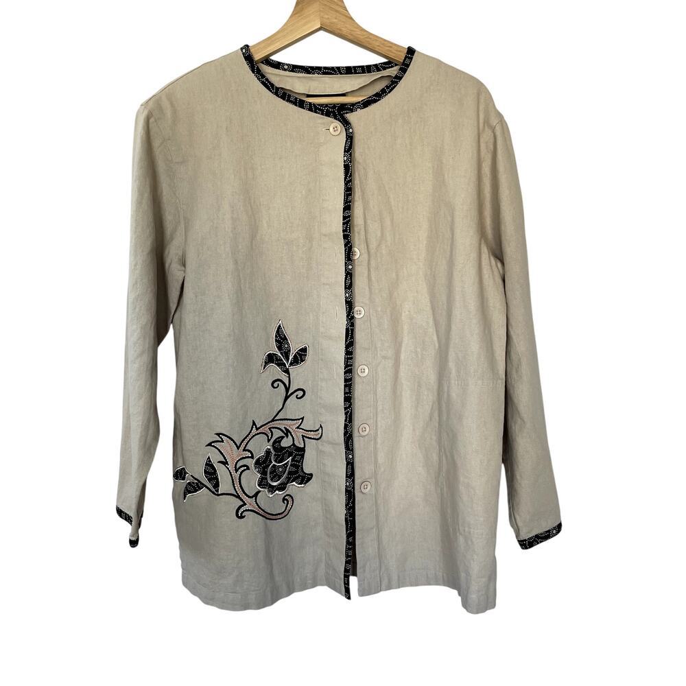 Koos of course linen blend button front embroidered top women's size M tan black